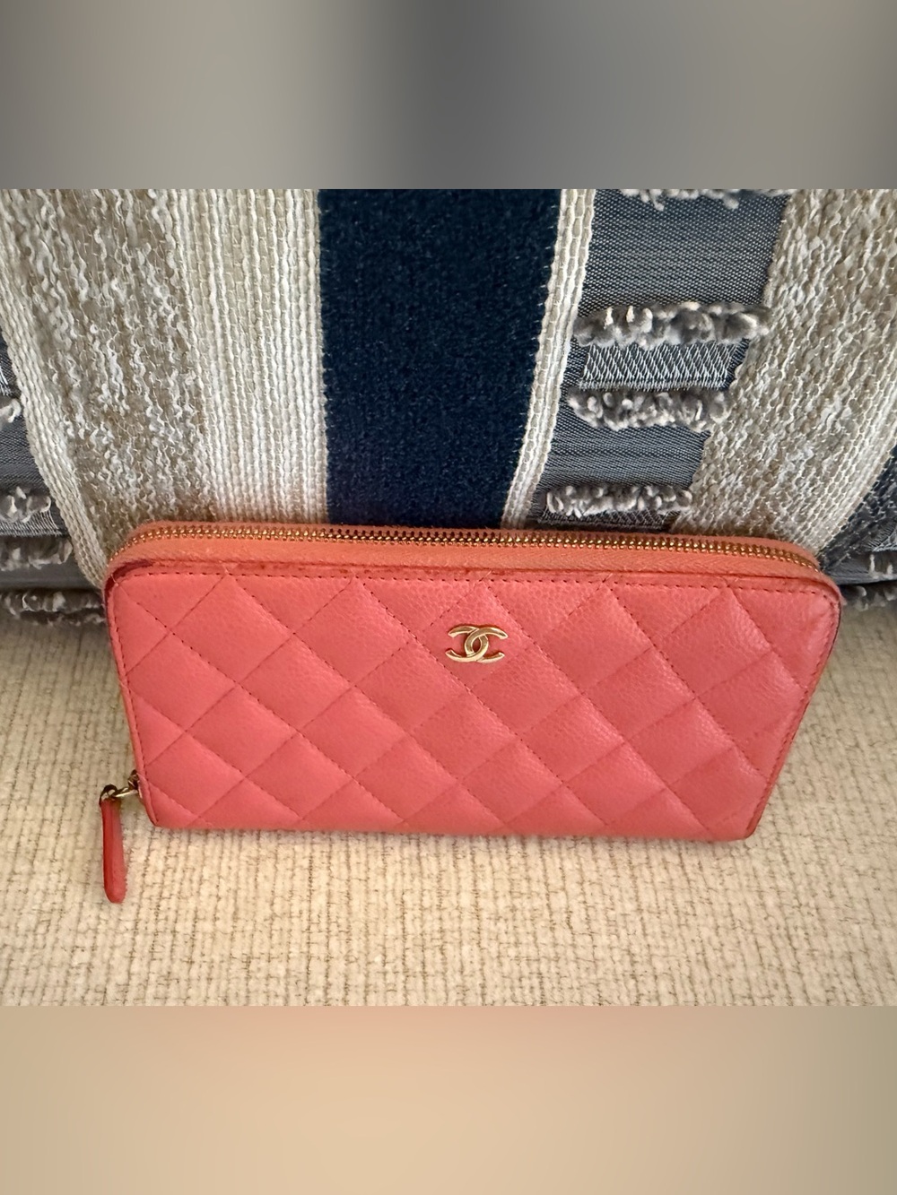 CHANEL Quilted Zip Wallet in Coral